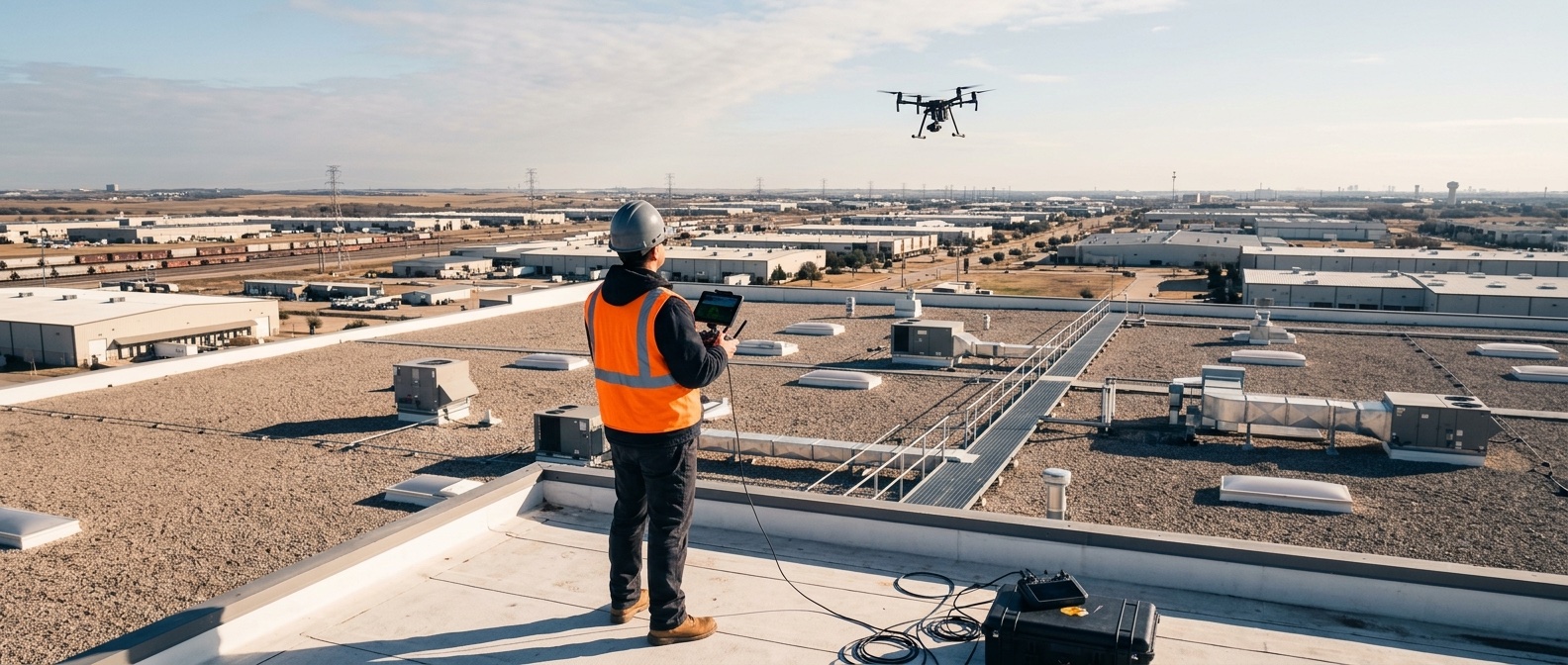 A drone carrying a gimbal-mounted camera hovering over the roof of an industrial building at sunset.